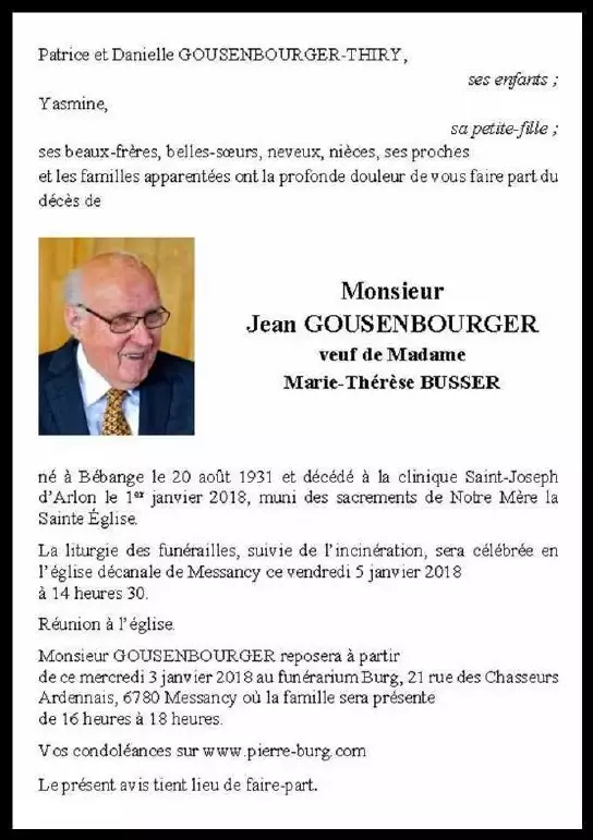 Traueranzeige für Jean GOUSENBOURGER