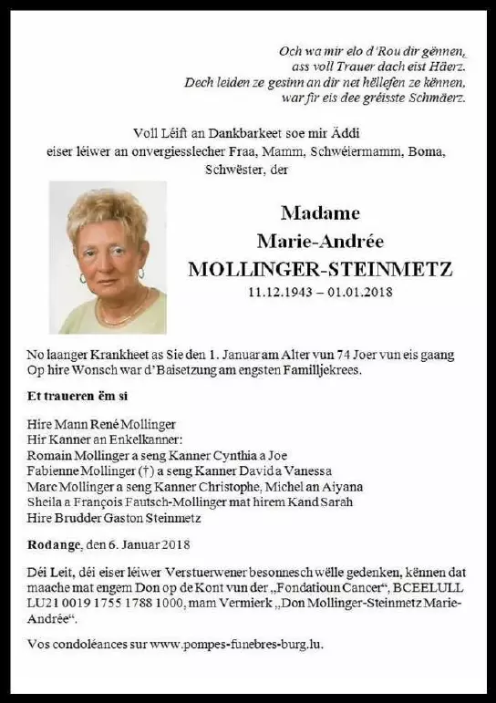 Traueranzeige für Marie-Andrée MOLLINGER-STEINMETZ