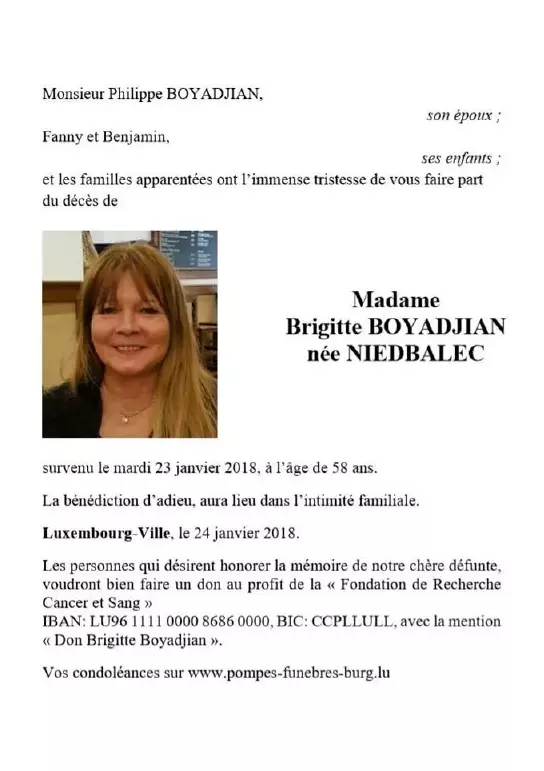 Traueranzeige für Brigitte BOYADJIAN née NIEDBALEC