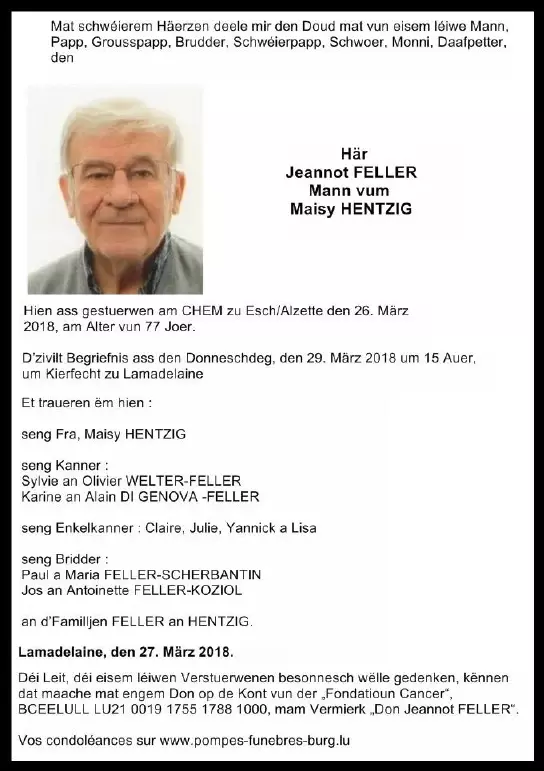 Traueranzeige für Jeannot FELLER