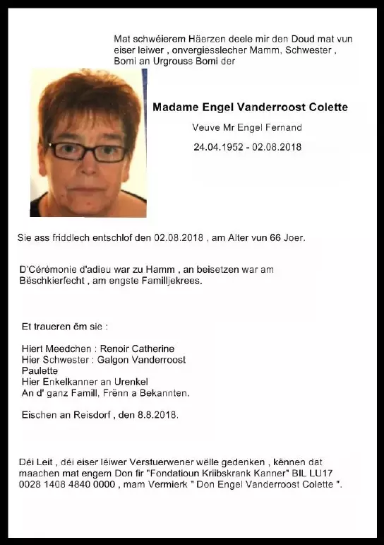 Traueranzeige für Colette Vanderroost-Engel