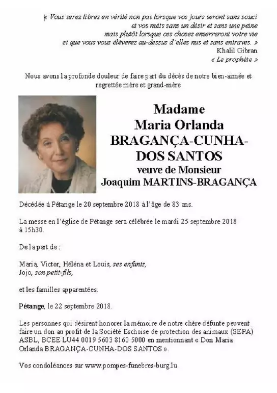 Traueranzeige für Maria Orlanda BRAGANÇA-CUNHA-DOS SANTOS