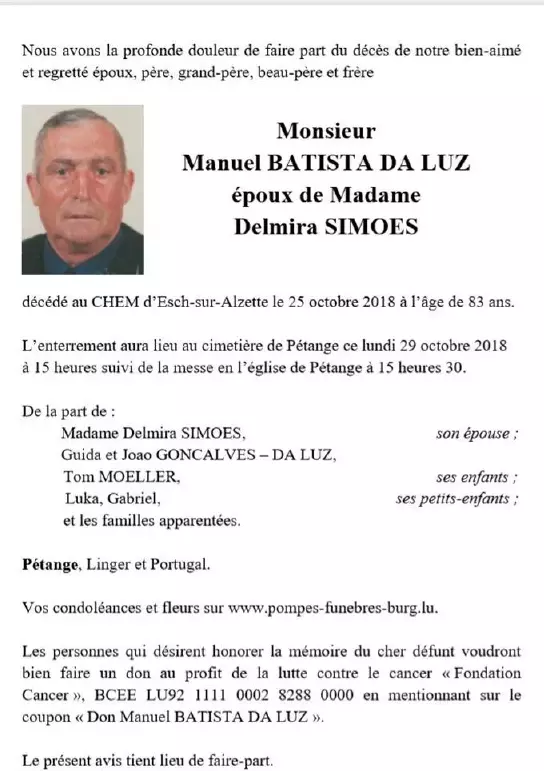 Traueranzeige für Manuel BATISTA DA LUZ