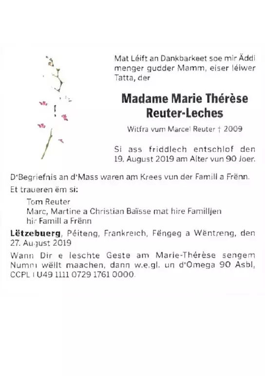 Traueranzeige für Marie Thérèse Reuter-Leches