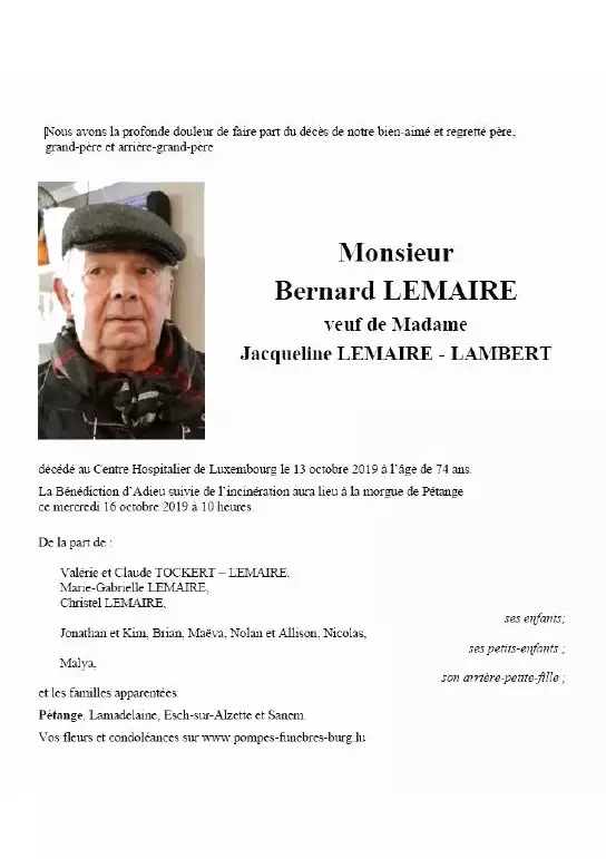 Traueranzeige für Bernard LEMAIRE