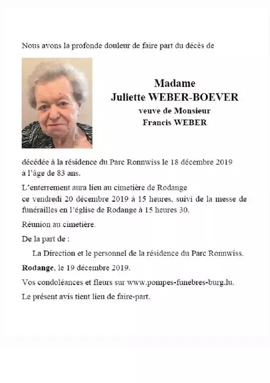 Traueranzeige für Juliette WEBER-BOEVER