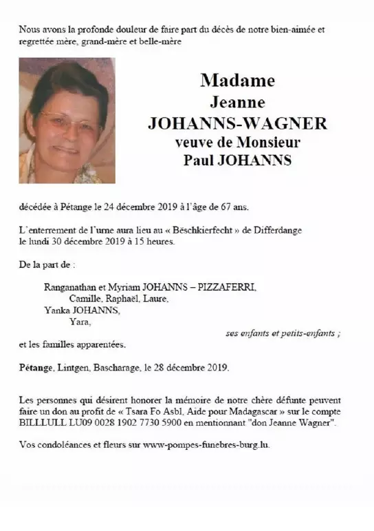 Traueranzeige für Jeanne JOHANNS-WAGNER