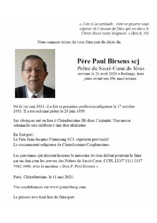 Traueranzeige für Père Paul Birsens scj