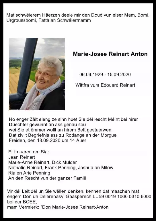 Traueranzeige für Marie-Josee Reinart Anton