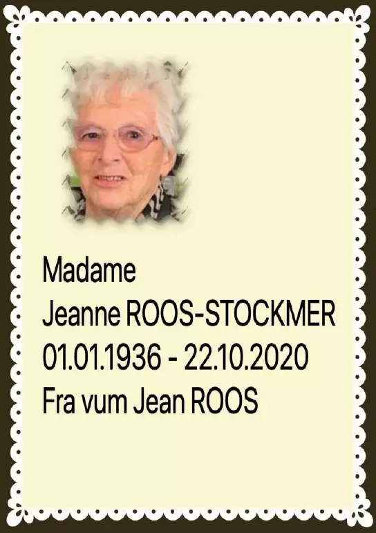 Traueranzeige für Jeanne ROOS - STOCKMER