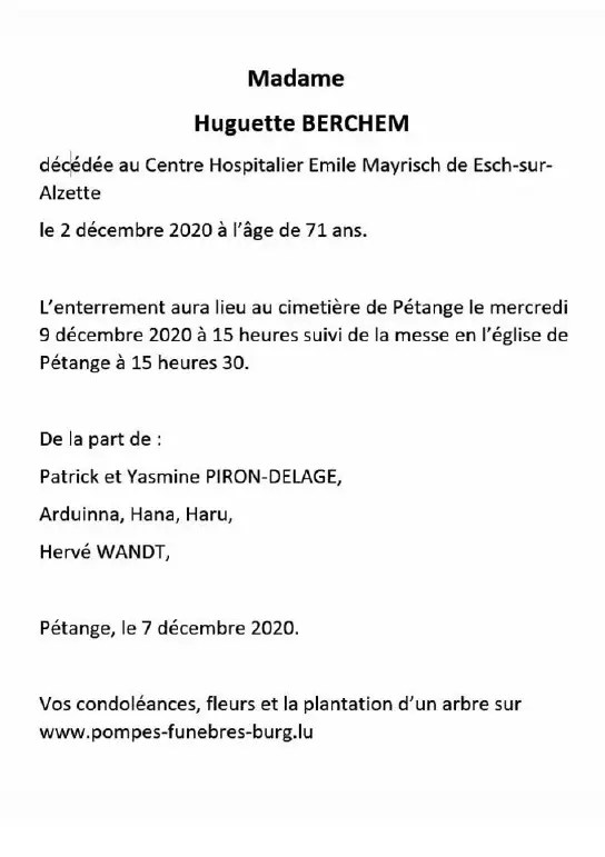 Traueranzeige für Huguette BERCHEM