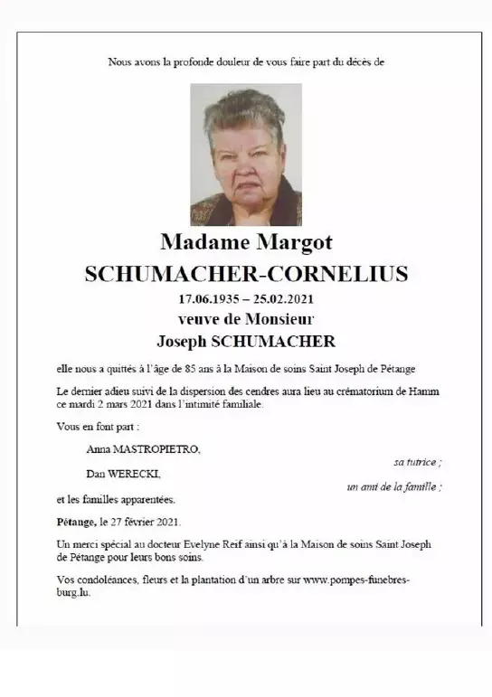 Traueranzeige für Margot SCHUMACHER-CORNELIUS