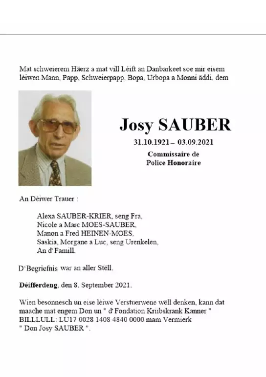 Traueranzeige für Josy SAUBER