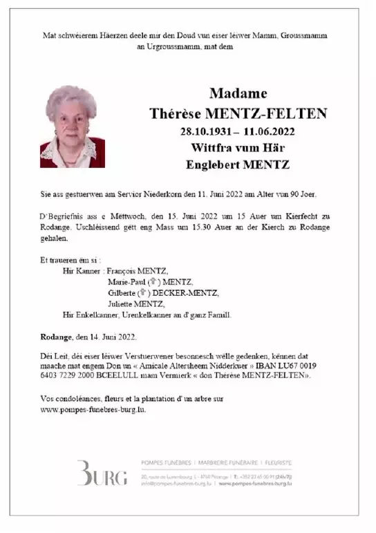 Traueranzeige für Thérèse MENTZ-FELTEN