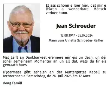 Traueranzeige für Jean Schroeder