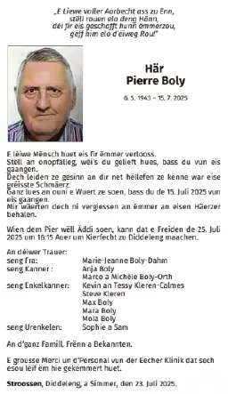 Traueranzeige für Pierre Boly