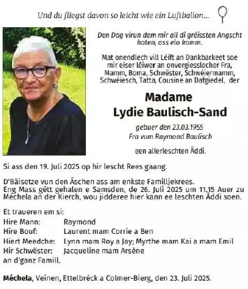 Traueranzeige für Lydie Baulisch - Sand