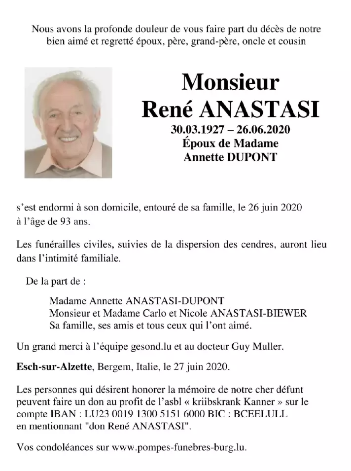 Traueranzeige für René ANASTASI