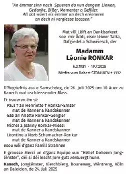 Traueranzeige für Léonie Ronkar
