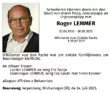 Traueranzeige für Roger LEmmer