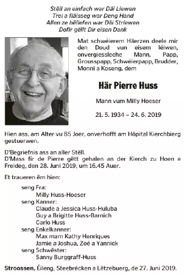 Traueranzeige für Pierre Huss