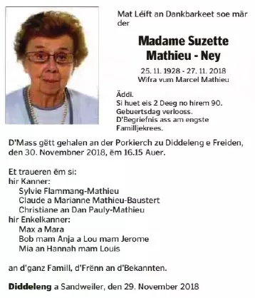 Traueranzeige für Suzette Mathieu - Ney