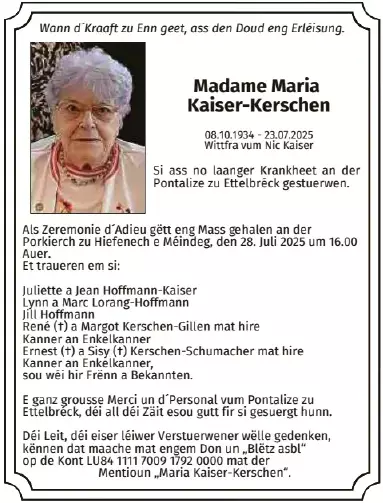 Traueranzeige für Maria Kaiser-Kerschen