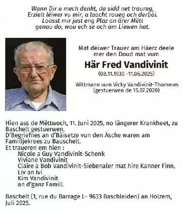 Traueranzeige für Fred Vandivinit
