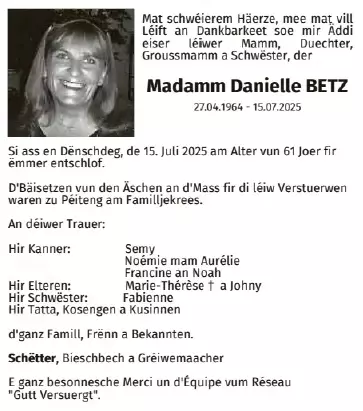 Traueranzeige für Danielle Betz