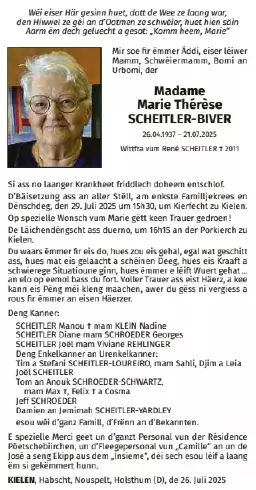 Traueranzeige für Marie Thérèse Scheitler-Biver