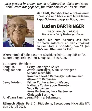 Traueranzeige für Lucien Bartringer