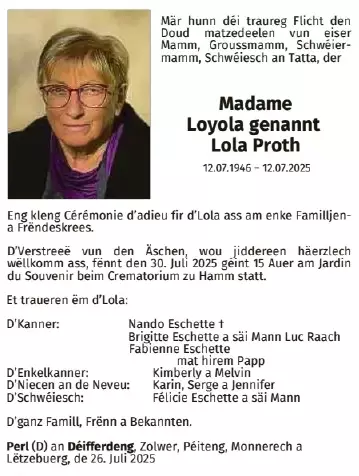 Traueranzeige für Loyola Proth
