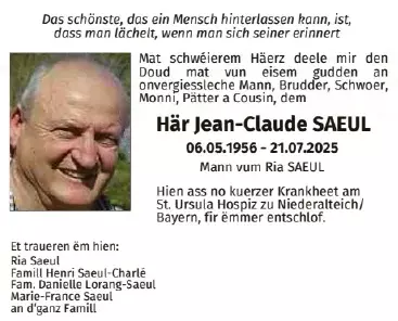 Traueranzeige für Jean-Claude Saeul
