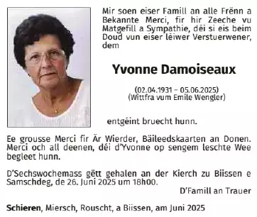 Traueranzeige für Yvonne Damoiseaux