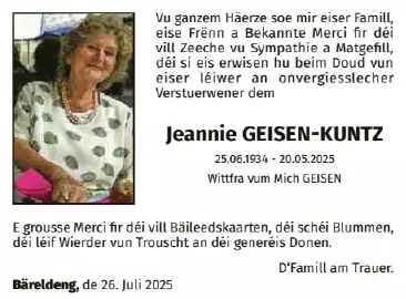 Traueranzeige für Jeannie Geisen-Kuntz