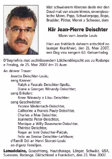 Traueranzeige für Jean-Pierre Deischter