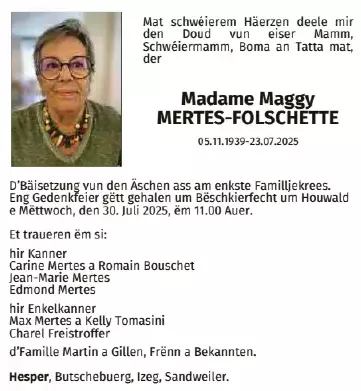 Traueranzeige für Maggy Mertens-Folschette