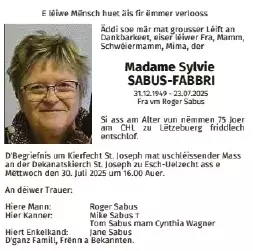 Traueranzeige für Sylvie Sabus-Fabbri