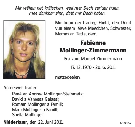 Traueranzeige für Fabienne Mollinger