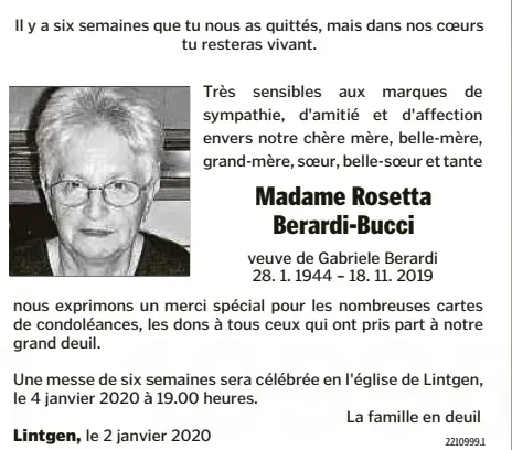 Traueranzeige für Rosetta Berardi-Bucci