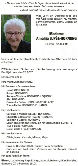 Traueranzeige für Amalija Lupše-Hornung