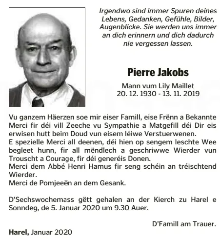 Traueranzeige für Pierre Jakobs