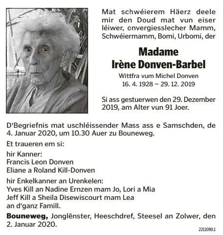 Traueranzeige für Irène Donven-Barbel