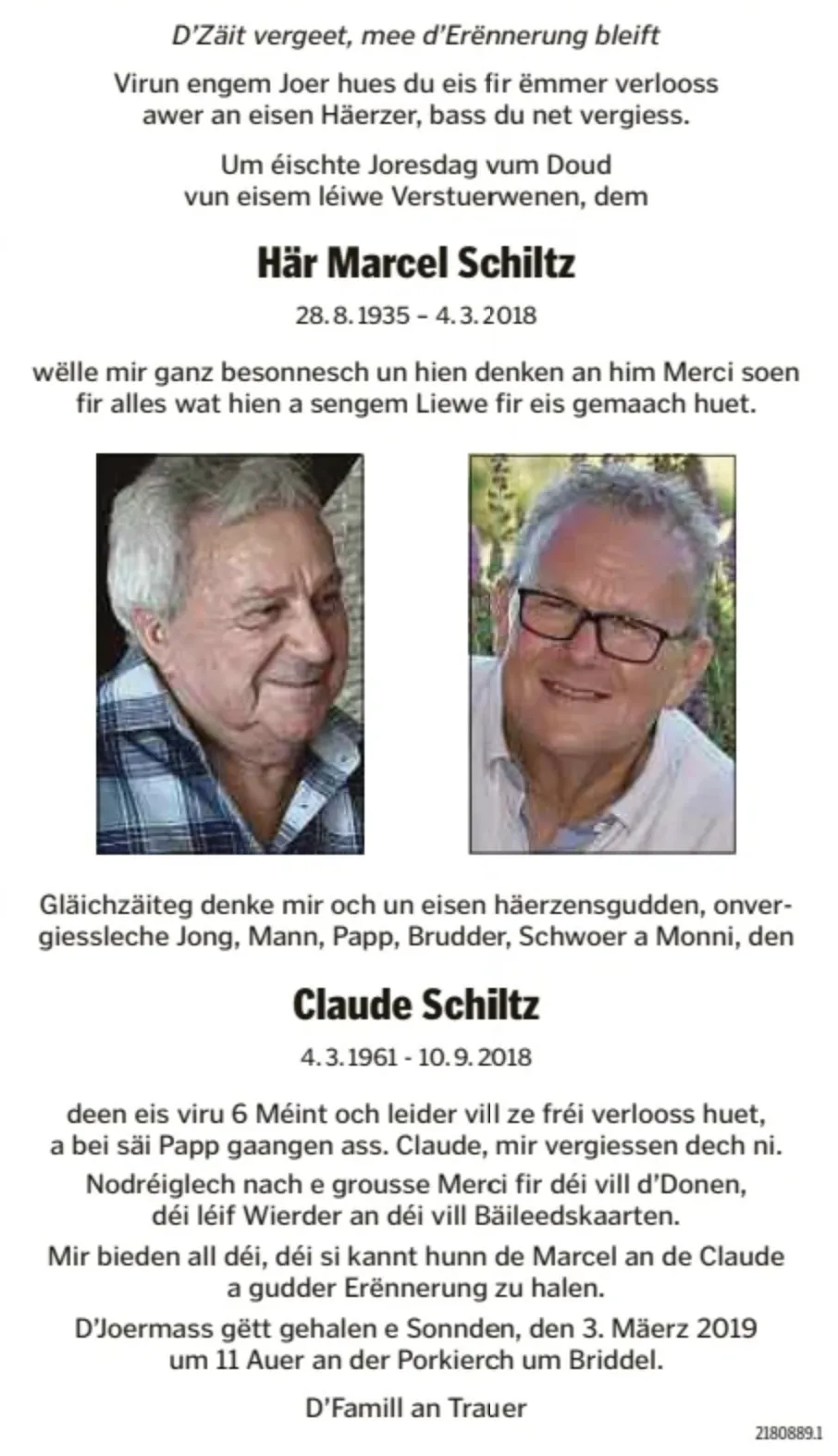 Traueranzeige für Claude Schiltz Marcel Schiltz