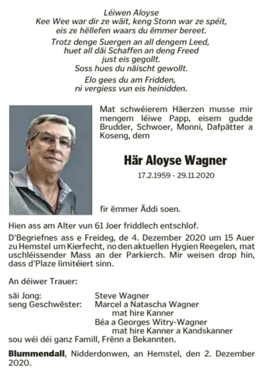 Traueranzeige für Aloyse Wagner