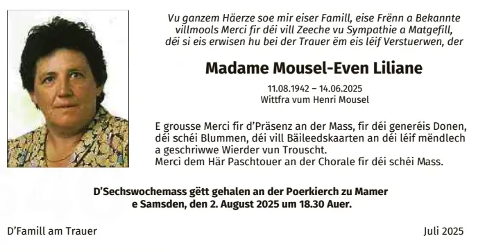 Traueranzeige für Liliane Mousel-Even