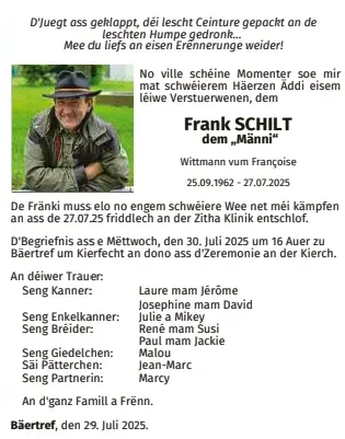 Traueranzeige für Frank Schilt