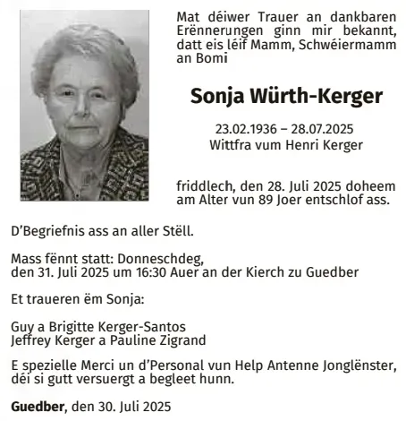 Traueranzeige für Sonja Würth-Kerger