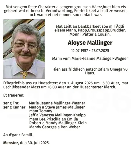 Traueranzeige für Aloyse Mallinger