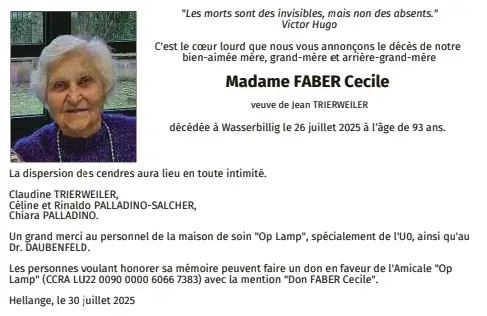 Traueranzeige für Cecile Faber